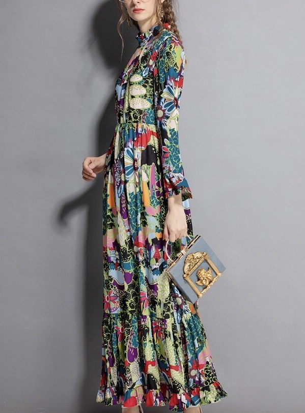 グリーンサイケフリルロングワンピース Realize