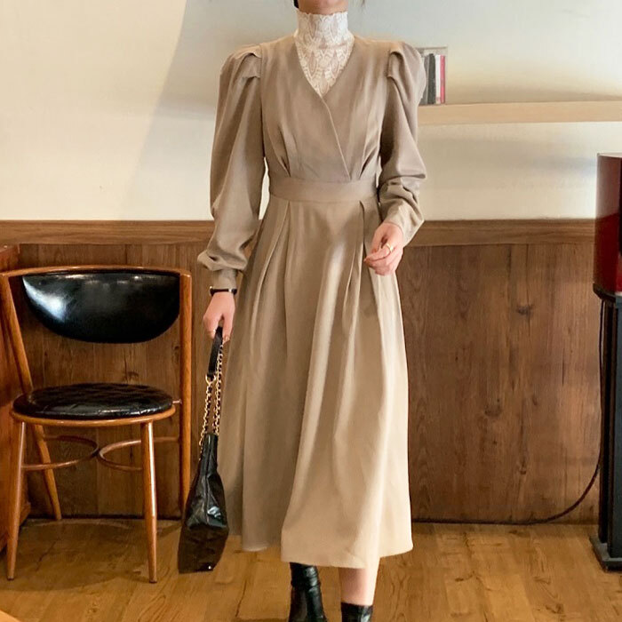 レースネックパフスリーブワンピース 全2色 ロングワンピース ドレス ヴィンテージ ワンピース ハイウエスト レース 長袖 かわいい 人気 レディース 安い 韓国ファッション 629 Sinsakumall