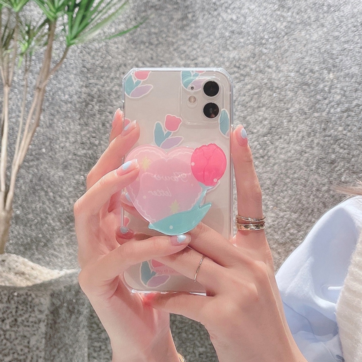 Iphone ケース 韓国 Tpu チューリップグリップ付きクリアケース グリップトック クリア 透明 花 カバー お揃い 個性的 シンプル 大人 可愛い おしゃれ レディース Iphone7 Iphone8 Iphonese2 Iphonex Iphonexs Iphonexr Iphonexsmax Iphone11 Iphone11pro Iphone11promax