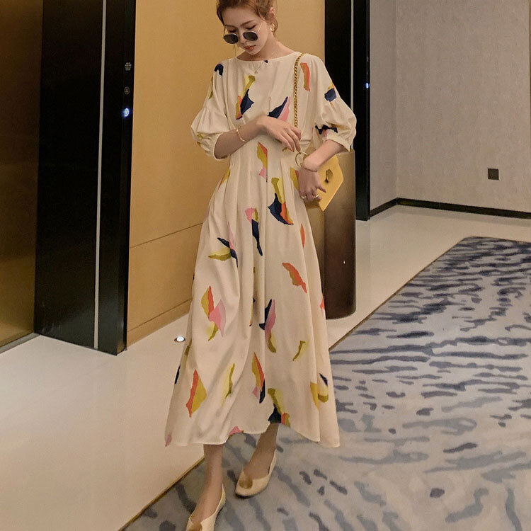 オルチャンファッション 韓国レディースファッション Ah01 レトロ マリン ワンピース ロング丈 フレア 総柄 人気プチプラレディース韓国 ファッション新作通販 Aliceholly アリスホーリー