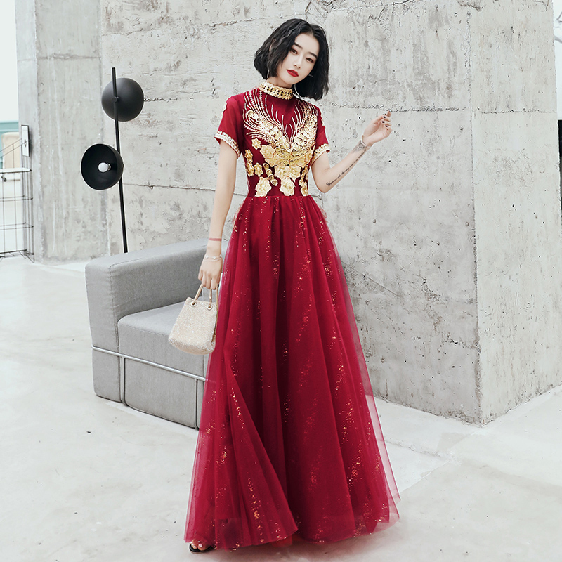 パーティードレス ロング丈ワンピース ウェディングドレス ロングドレス 女子会 二次会 お呼ばれドレス 発表会 大きいサイズ S M L Ll 3l ワインレッド 赤い スタンドネック 半袖 Elegant