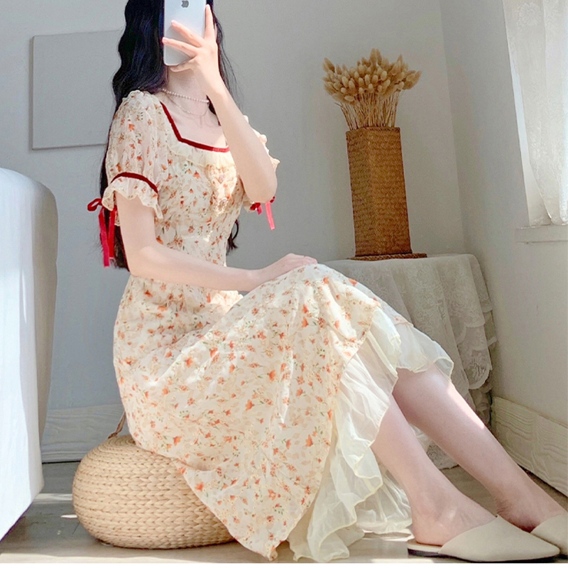 Nihuoシリーズ ワンピース 花柄 半袖 レース リボン 夏 フリフリ スクエアネック デート Xs S M L Elegant