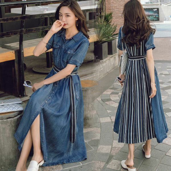 切り替えワンピース ロング デニム ワンピース レディース ストライプ シャツワンピ ゆったり 半袖 前ボタン リング ベルト 春 夏 プチプラレディースファッション通販 Yboueki