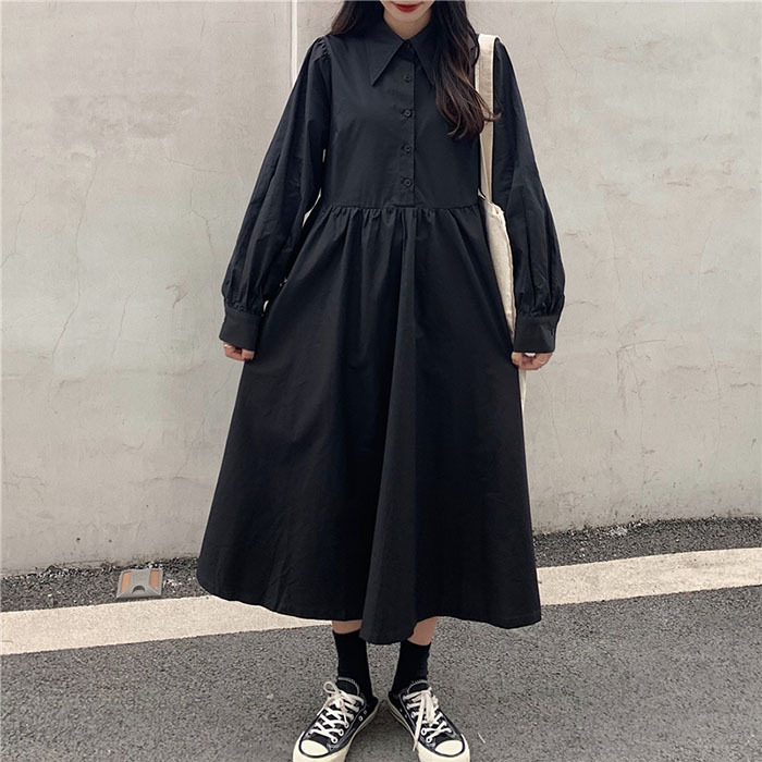 3color 長袖シャツ ワンピース フレアロングスカート カジュアルワンピース Qrea Style プチプラ 韓国ファッション