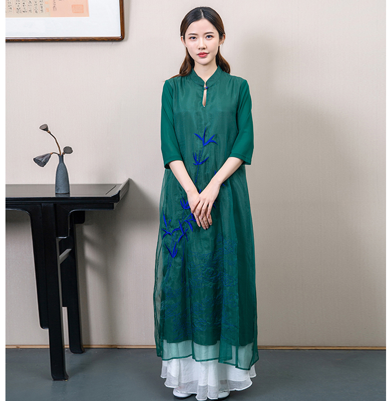 チャイナ風ワンピース 改良唐装 改良漢服 チャイナ風服 改良型チャイナドレス 女子会 同窓会 合わせやすい スタンドネック 九分袖 ロング丈 Xs S M L 普段着 民族風 ゆったり グリーン 緑 刺繍入り Elegant
