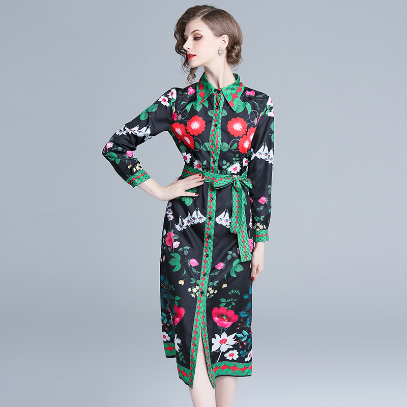 ワンピース 花柄 長袖 シャツ ウエストリボン 膝丈 大人可愛い モード系 春夏 レディース Eine Katze