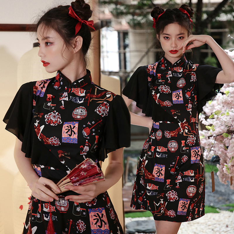 Xiumeiシリーズ チャイナドレス ワンピース 可愛い 中華服 ショート丈 ブラック 黒い 大きいサイズ Elegant