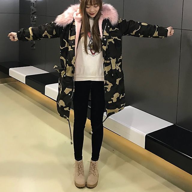 アウター レディース コート ジャケット ミドルコート カモフラージュ カモフラ 迷彩 ウインドブレーカー 冬 防寒 メンズライク フード付き ファー あったか 秋冬 Ot 07 Y Happy Orurea ハッピーオルレア