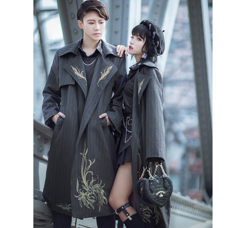 卿棠シリーズ トレンチコート ロングコート 男女兼用 カップル服 メンズ 刺繍 グレー 大きいサイズ S M L Ll 3l Elegant 卿棠シリーズ トレンチコート ロングコート 男女兼用 カップル服 メンズ 刺繍 グレー 大きいサイズ S M L Ll 3l Elegant