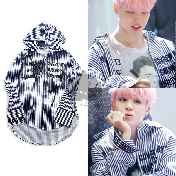 フード付き 長袖 シャツ ストライプ 白ネイビー 英字刺繍入り M ジミン Jimin Bts 防弾少年団 Ygg Store