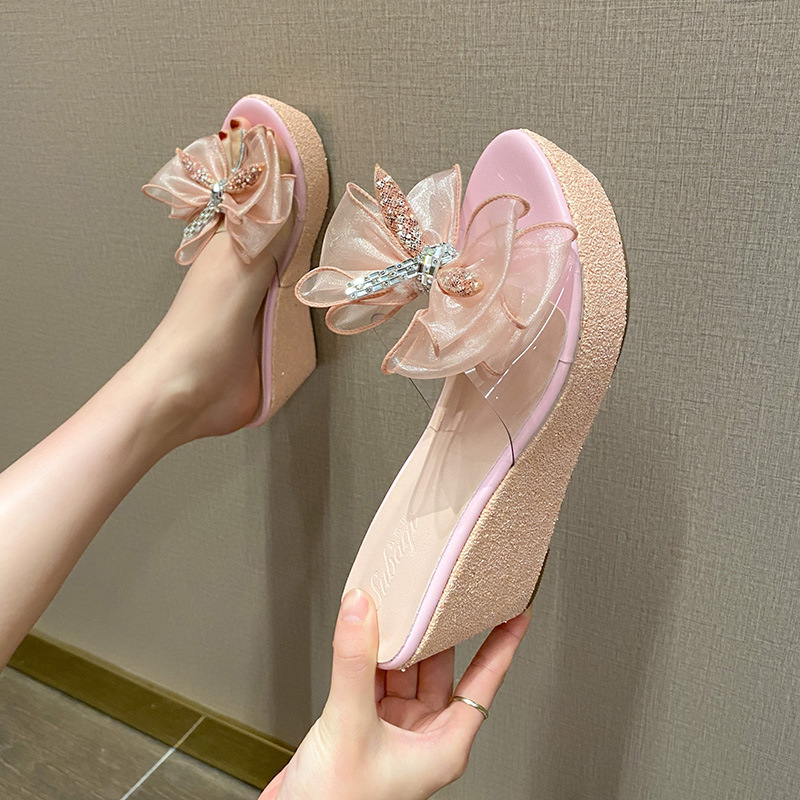 シューズ サンダル ファッション ラインストーン ウェッジヒールサンダル メッシュ ピンク ブルー ゴールデン シルバー ブラック 8cm Dresszone