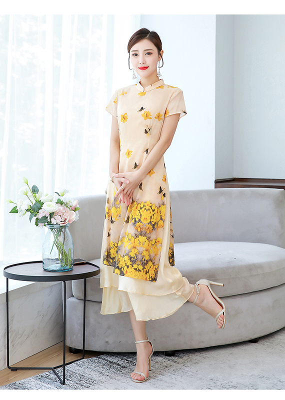 チャイナ風ワンピース アオザイ ドレス チャイナ風服 中華服 改良唐装 改良漢服 スタンドネック 半袖 ロング丈 大きいサイズ M L Ll 3l 4l 5l 普段着 ピンク イエロー 花柄 Elegant