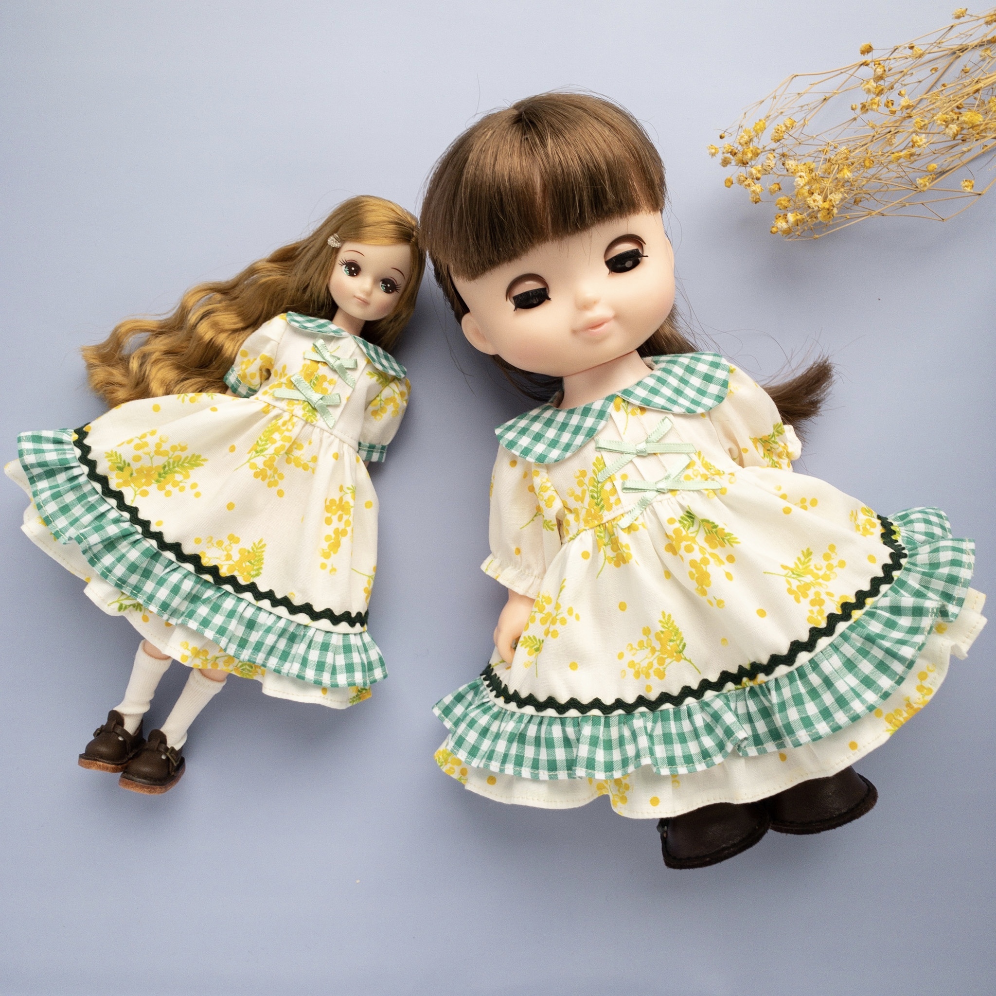 2点セット リカちゃんソランちゃんお揃いワンピース服 白地緑チェック Dollkamiyu