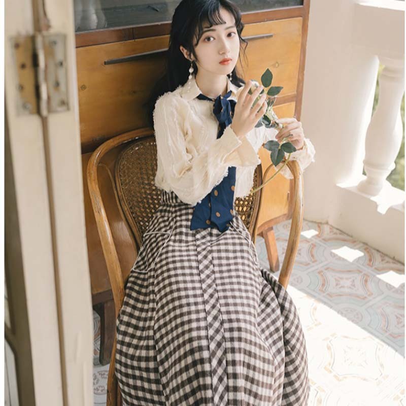秋冬ワンピース 2点セット レトロ エレガント ロング丈 普段着 女子会 デート 通勤 チェック柄 S M L Elegant