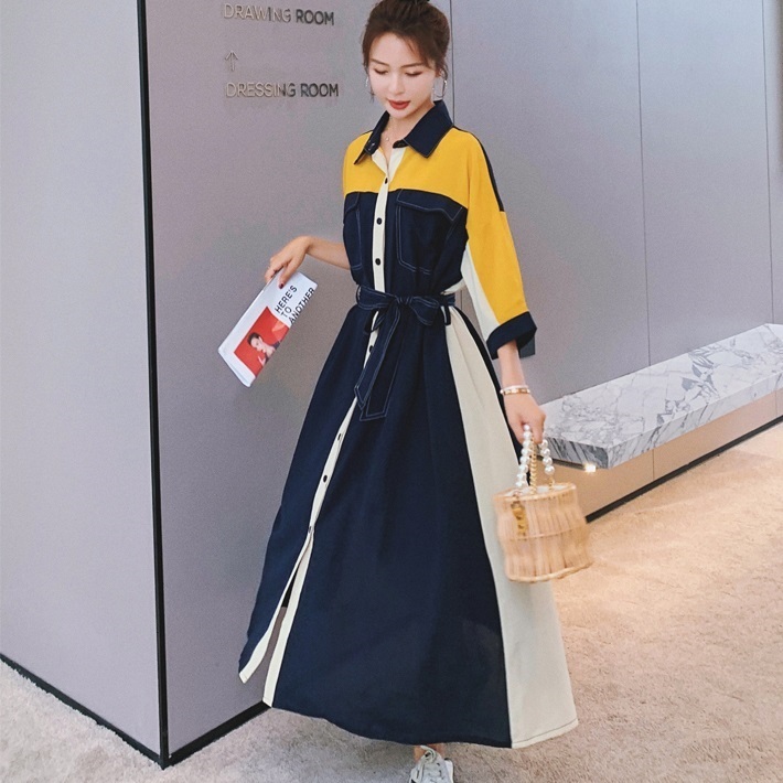 One Piece Contrast Color Elegant ワンピース シャツワンピ ロング丈 きれいめ 上品 シック ハイウエスト シングルブレスト リラクシー ゆったり おしゃれ コントラストカラー マルチカラー 大人女子 カジュアル お出かけ デイリー デート ランチ レジャー 春 夏 秋