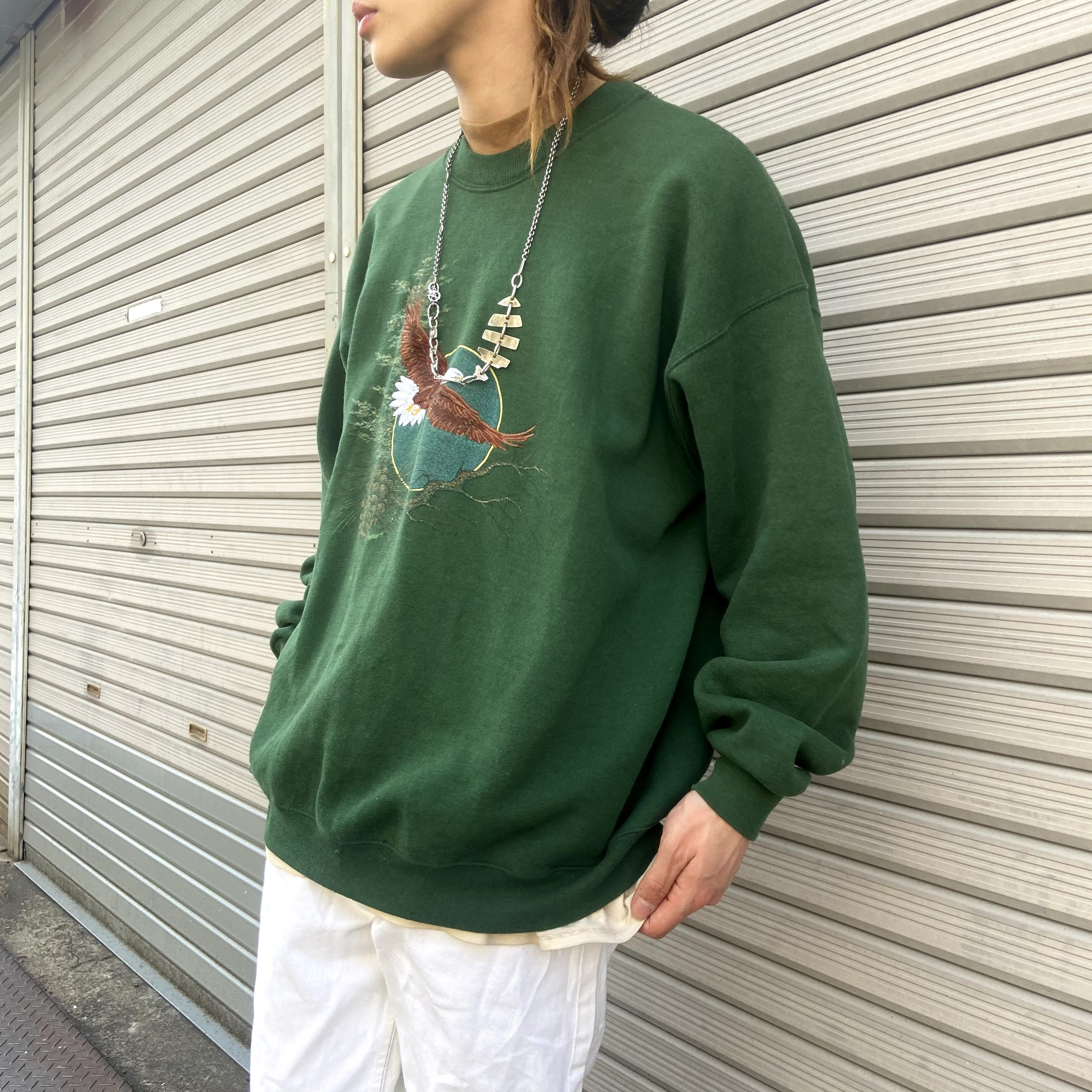 90年代 Usa製 Lee リー アニマル イーグル刺繍 ハイネック スウェット メンズxl 古着 モックネック トレーナー 90s ビンテージ ヴィンテージ グリーン 緑 スウェット Al Cave 古着屋 公式 古着通販サイト