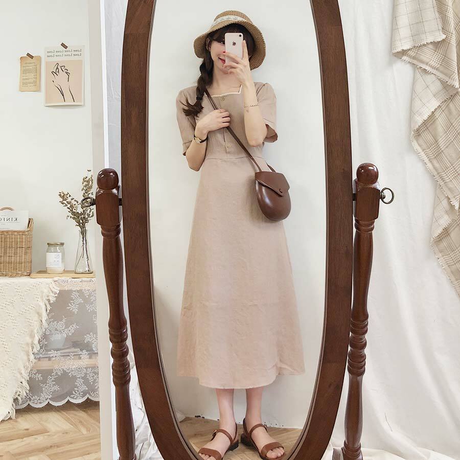 送料無料 レトロなお嬢様 ガーリー フェミニン スクエア ハイウエスト ミモレ丈 ロング丈 リネン ワンピース Lamitte Deco トレンド 韓国ファッション ショップ