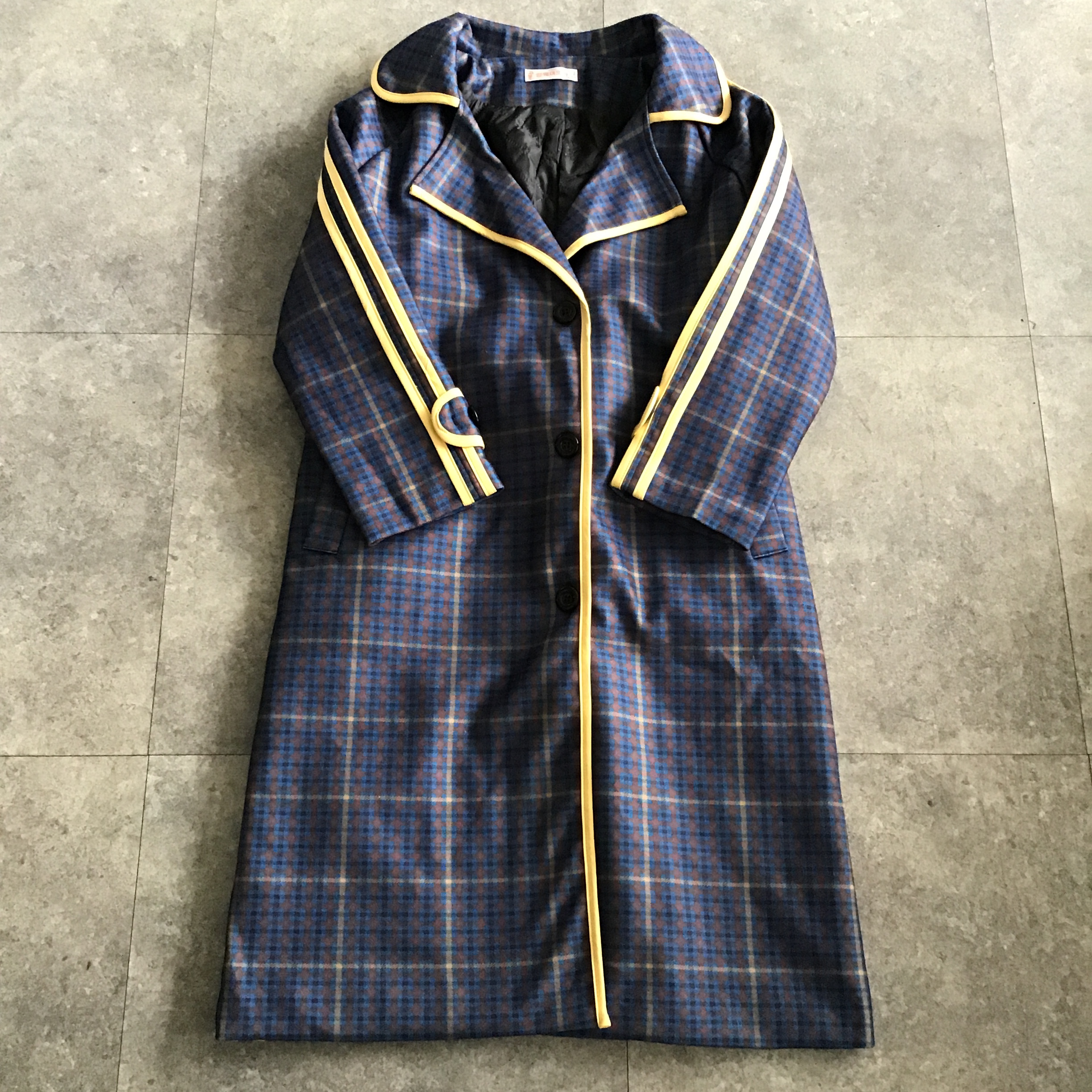 中古 韓国 ブルー イエローライン チェック柄 おしゃれ ロング コート 古着屋 Paet