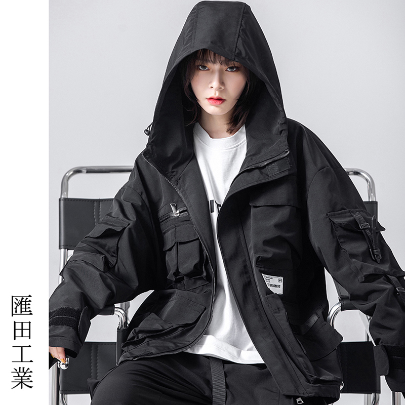 匯田工業シリーズ ジャケット アウター 帽子付き 男女兼用 カップル服 ブラック 黒い かっこいい ゆったり Elegant