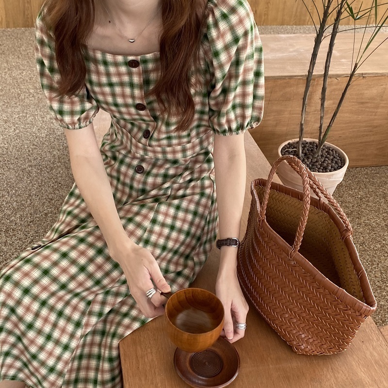 韓国レディースファッション 6531 大人可愛い レトロ チェック ワンピース 半袖 人気プチプラレディース韓国ファッション新作通販 Aliceholly アリスホーリー