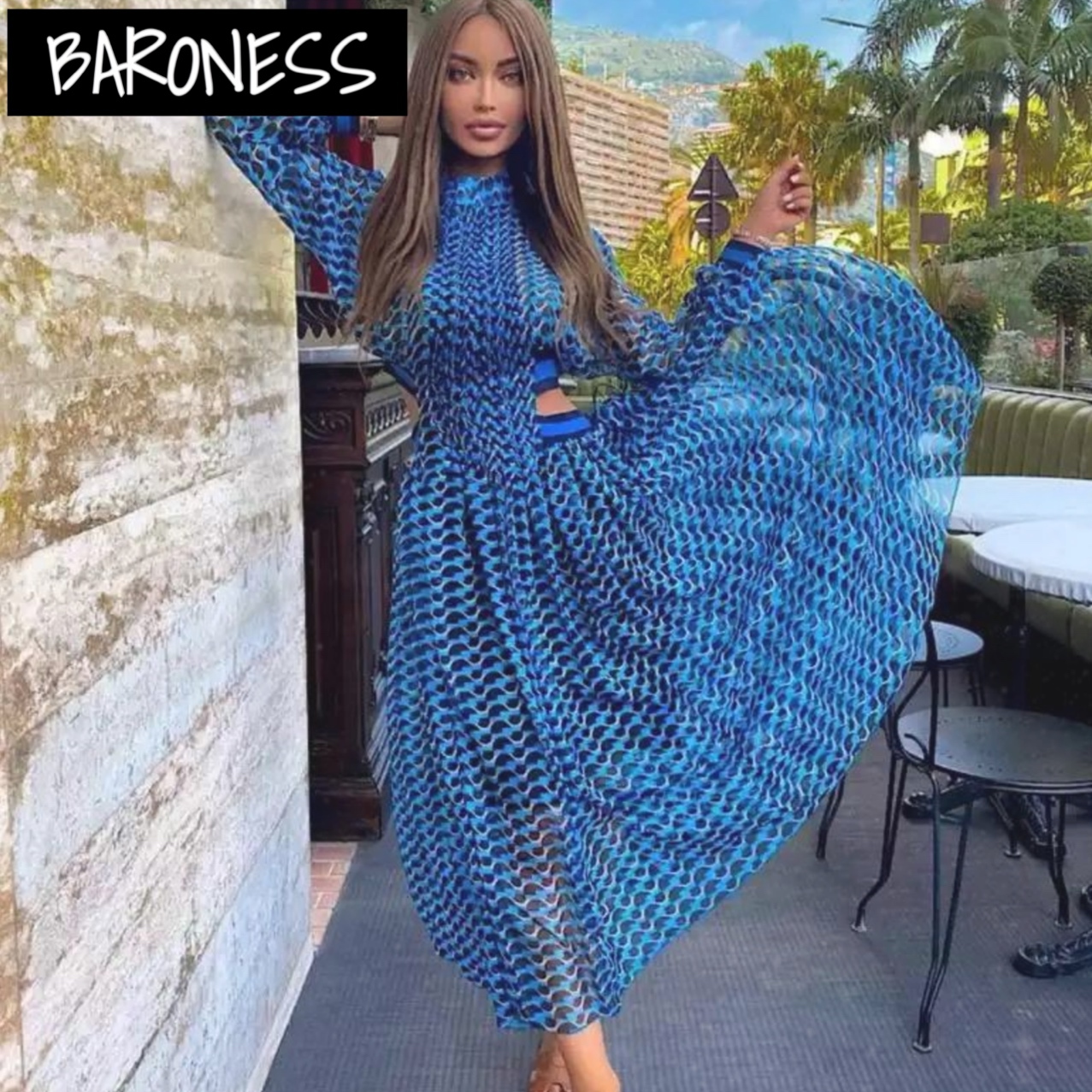 送料無料 ワンピース 長袖 ロング シースルー ハイネック 海外 春 秋 ブルー Baroness