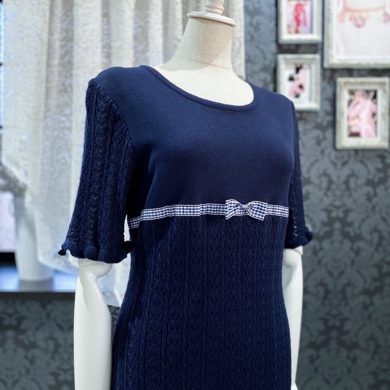 ヴィンテージワンピース 日本製ネイビーリボンフェミニンニットワンピース Jvintage ジェイヴィンテージ