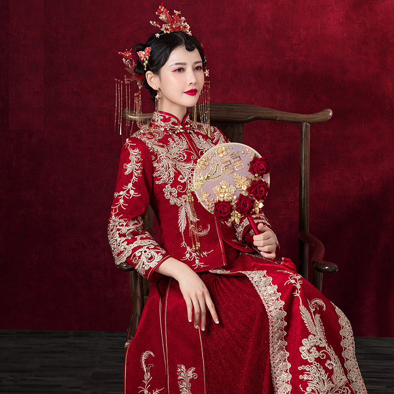 チャイナ風ウエディングドレス 結婚式ワンピース Xs 4l レッド 赤い 長袖 刺繍 サテン 中華服 Elegant