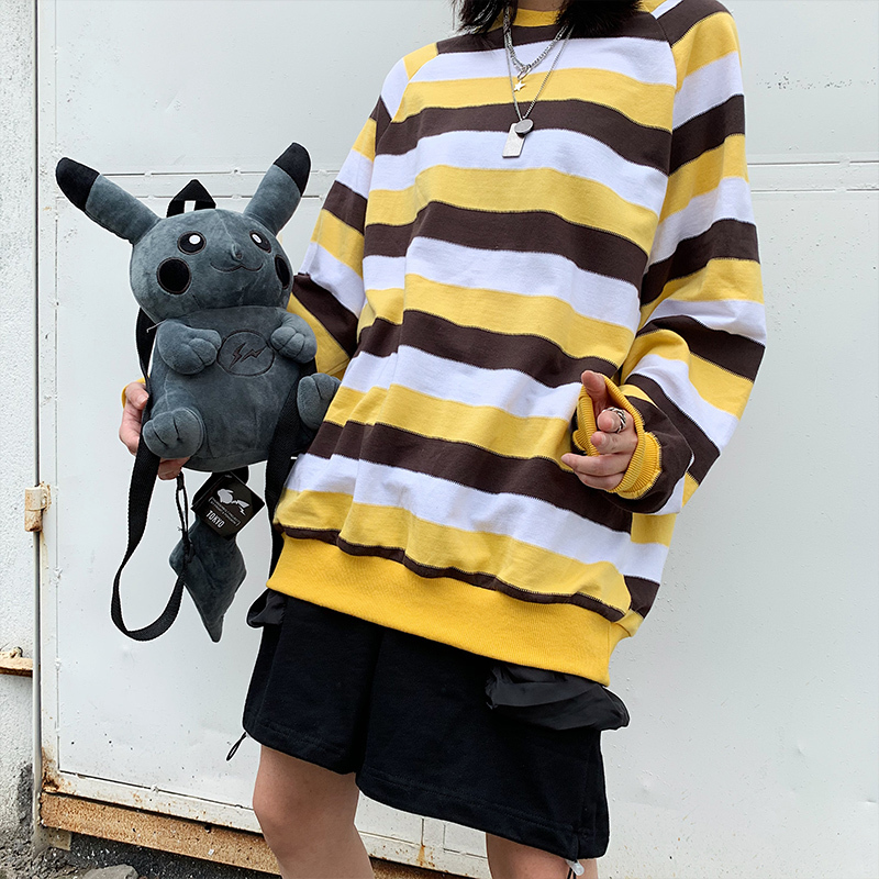 カジュアル ボーダー プルオーバー セーター トレーナー レディース スウェット トップス シャツ ニット 長袖 イエロー ブルー 黄 青 ストライプ ラウンドネック ビッグシルエット メンズライク ゆるカジ ゆったり 大人 おしゃれ 体型カバー 男ウケ デート服 モテ 韓国