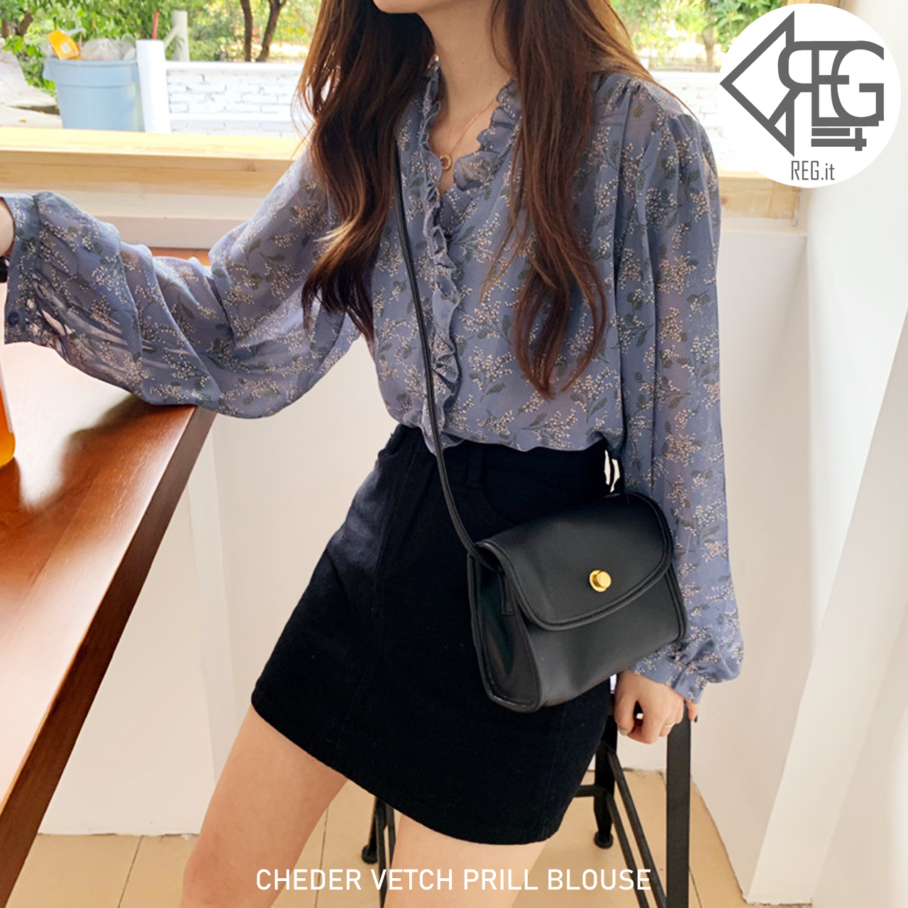 Regit Cheder Vetch Prill Blouse 韓国服 ブラウス シフォン シーア 春 花柄 フリル フェミニン 女子力 10代 代 30代 プチプラ 着痩せ 着映え 着回し 透け感 Regit