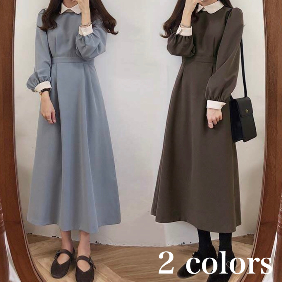 レトロ フレア ワンピース レディース 秋 冬 服 ロング 丈 長袖 韓国 ファッション かわいい ブラウス 制服 学生 風 Op 0428 Happy Orurea ハッピーオルレア