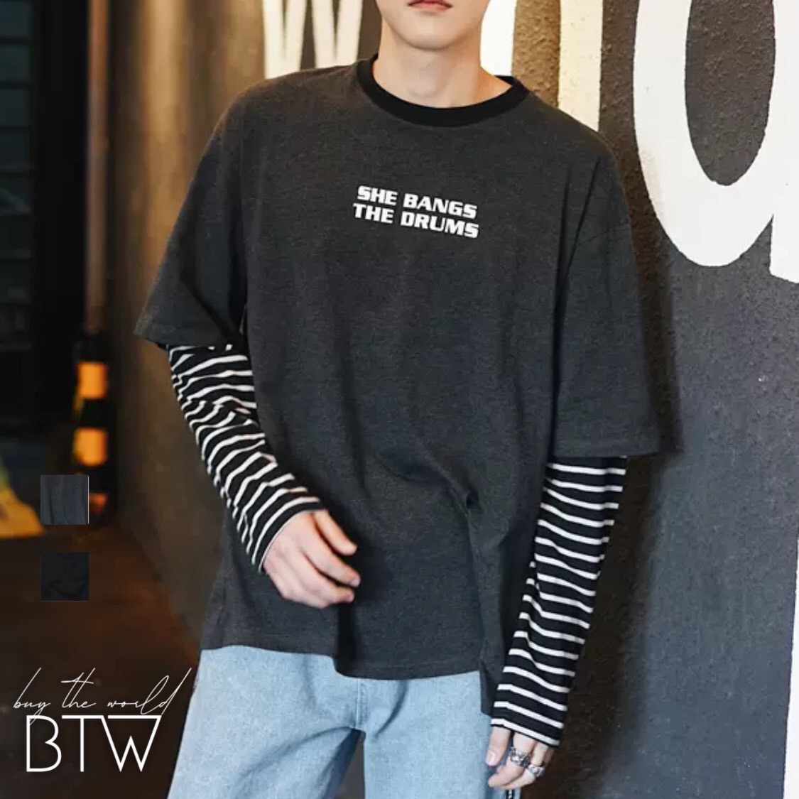 韓国メンズファッション Bw679 ボーダー ルーズ フェイク Tシャツ ステッチ 長袖 カジュアル 韓国メンズ服 流行プチプラ韓国メンズファッション新作通販 Buy The World