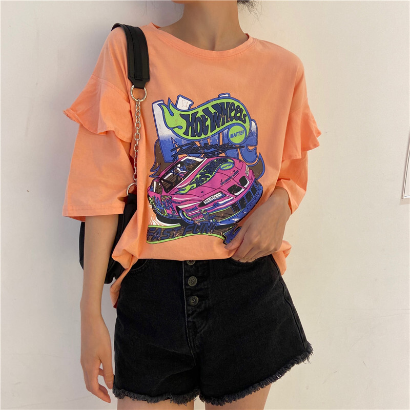 3color カジュアル イラスト プリントフリル袖 半袖 Tシャツ 5分袖 Qrea Style プチプラ 韓国ファッション