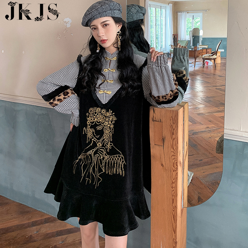 Jkjsシリーズ チャイナ風ワンピース 秋冬服 厚て 暖か チャイナ服 S M L Ll チェック柄 黒 ブラック Elegant