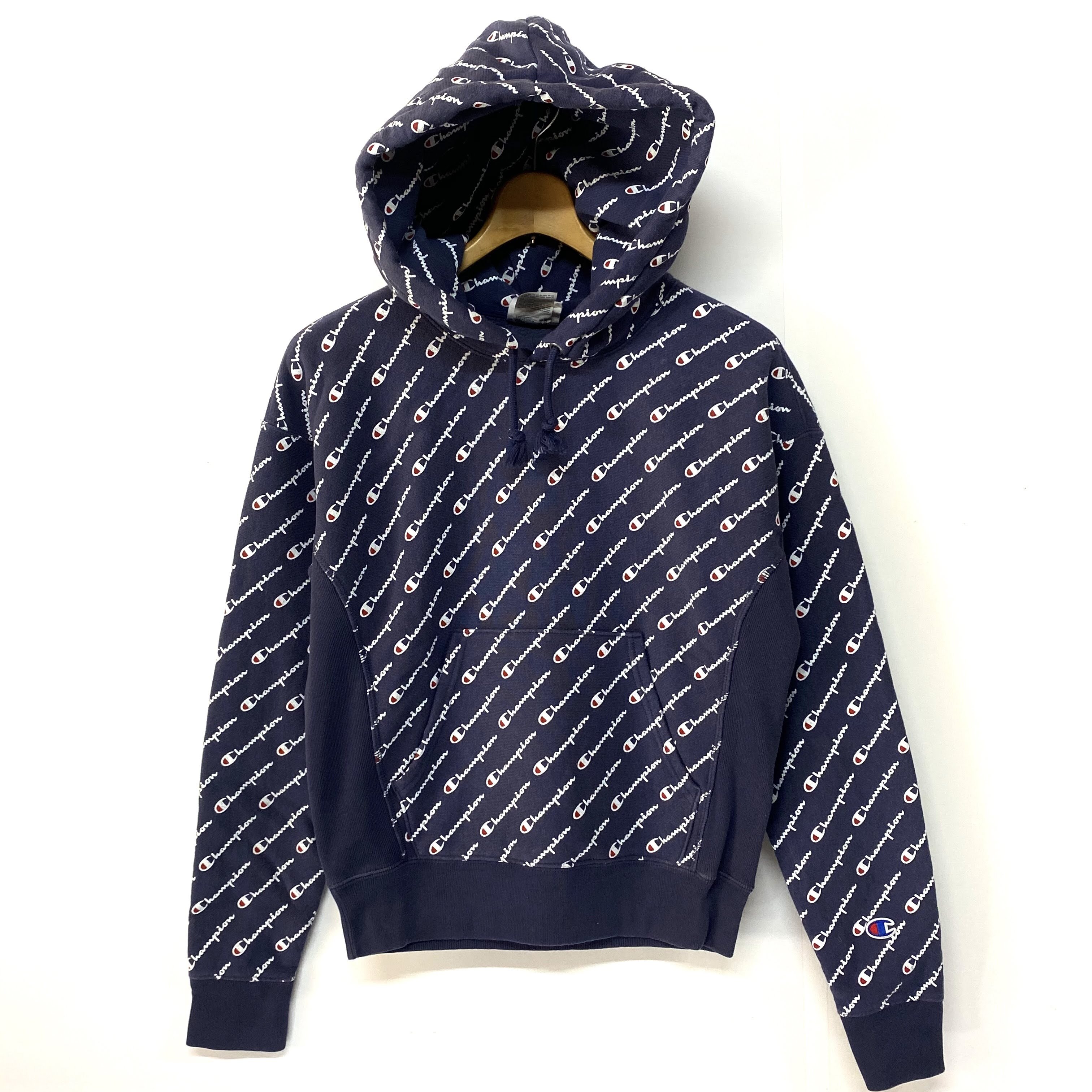 Champion チャンピオン Reverse Weave リバースウィーブ 総柄 ネイビー 紺色 レディース Xs Japan M 古着 パーカー Sa30 Cave 古着屋 公式 古着通販サイト