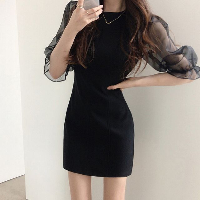 シアーパフスリーブ 半袖 フォーマルワンピース パーティードレス ワンピース ドレス ミニ丈 ブラック パーティー 結婚式 二次会 卒入園式 卒入学式 フェミニン きれいめ 上品 Op 09 Y Happy Orurea ハッピーオルレア