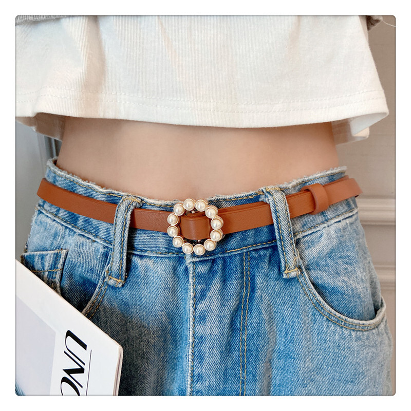 送料無料 コーデのポイントに 丸型 パールバックル 細ベルト 華やか 3カラー Puレザー 花柄 Lamitte Deco トレンド 韓国ファッション ショップ