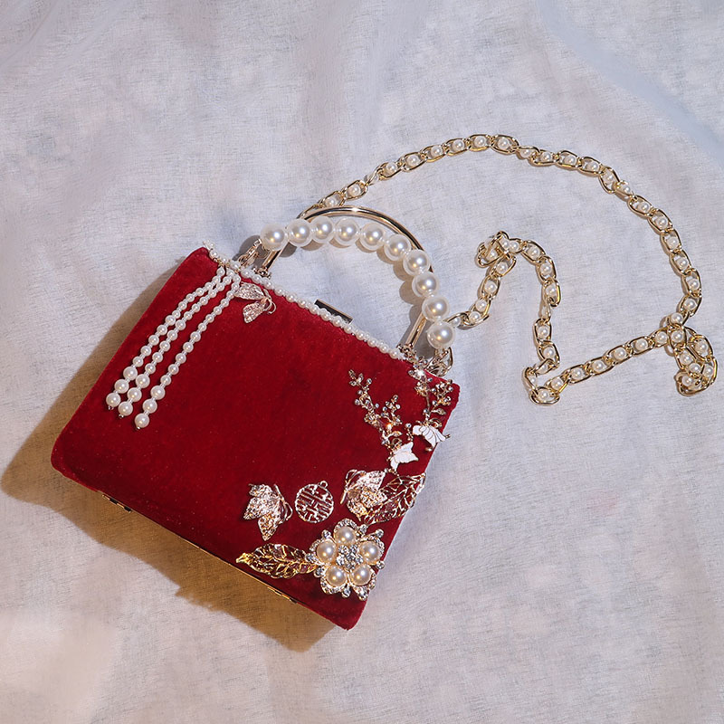 パーティーバッグ 手作り 結婚式 プレゼント 撮影 オリジナル 真珠 ベルベット 蝶 レトロ チェーン レッド 赤い Elegant