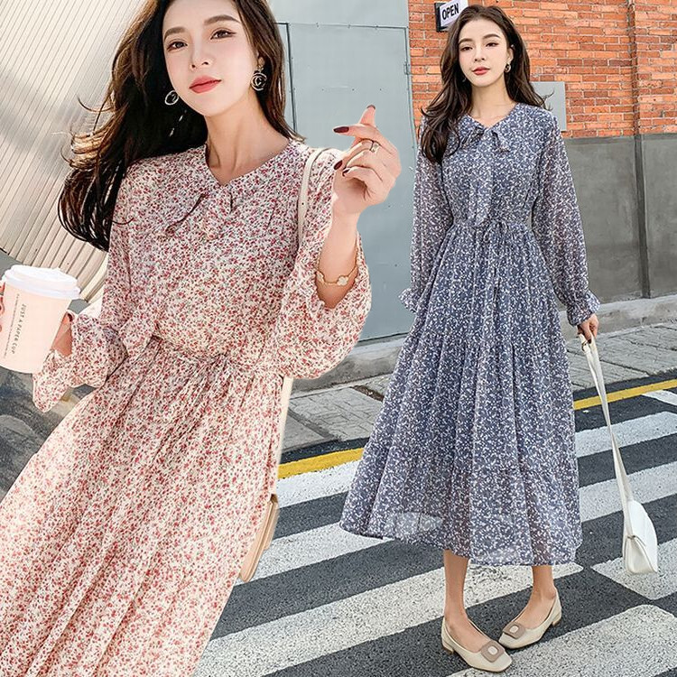 ワンピース 花柄 リボンタイ プリーツ パフスリーブ Aライン 長袖 韓国ファッション レディース ボウタイ ハイウエスト 春 秋 レトロ Flower Chiffon Long Dress Skirt Dtc Value Rave Notice バリューレイヴノーティス 韓国ファッションや