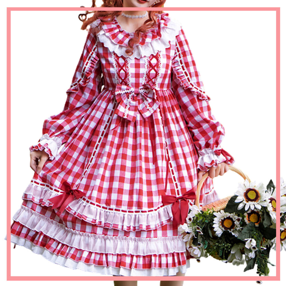 ハイウエストチェック柄ロリィタワンピース レッド Black Lotus