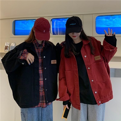 デニムジャケット ジージャン Gジャン ブラック レッド 黒 赤 カジュアル レトロ ストリート スポーティー ビックシルエット 大きめサイズ プチプラレディースファッション通販 Yboueki