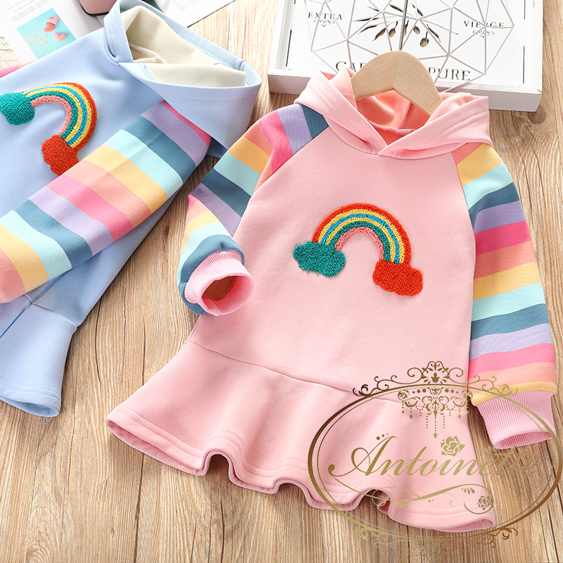 フード付き ピンク こども 子供 キッズ 服 可愛い Rainbow レインボー 長袖 秋 冬 ワンピース カラフル レインボー おでかけ フリル Antoinette