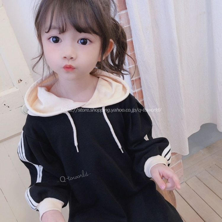 90 140 ワンピース サイドライン 韓国版 フード 韓国版 韓国子供服 子供服 女の子 キッズ Q Toworld キュートワールド 子供服 メール便は何点でも送料の合計は280円