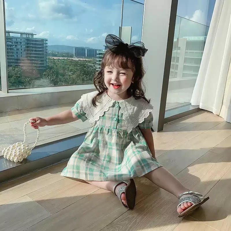 送料無料 2カラー ミントグリーン 女の子 レース 襟付き チェック ワンピース セーラー襟 大きめ襟 子供 キッズ 赤ちゃん ベビー 春 夏 ナチュラル 韓国 La Preference