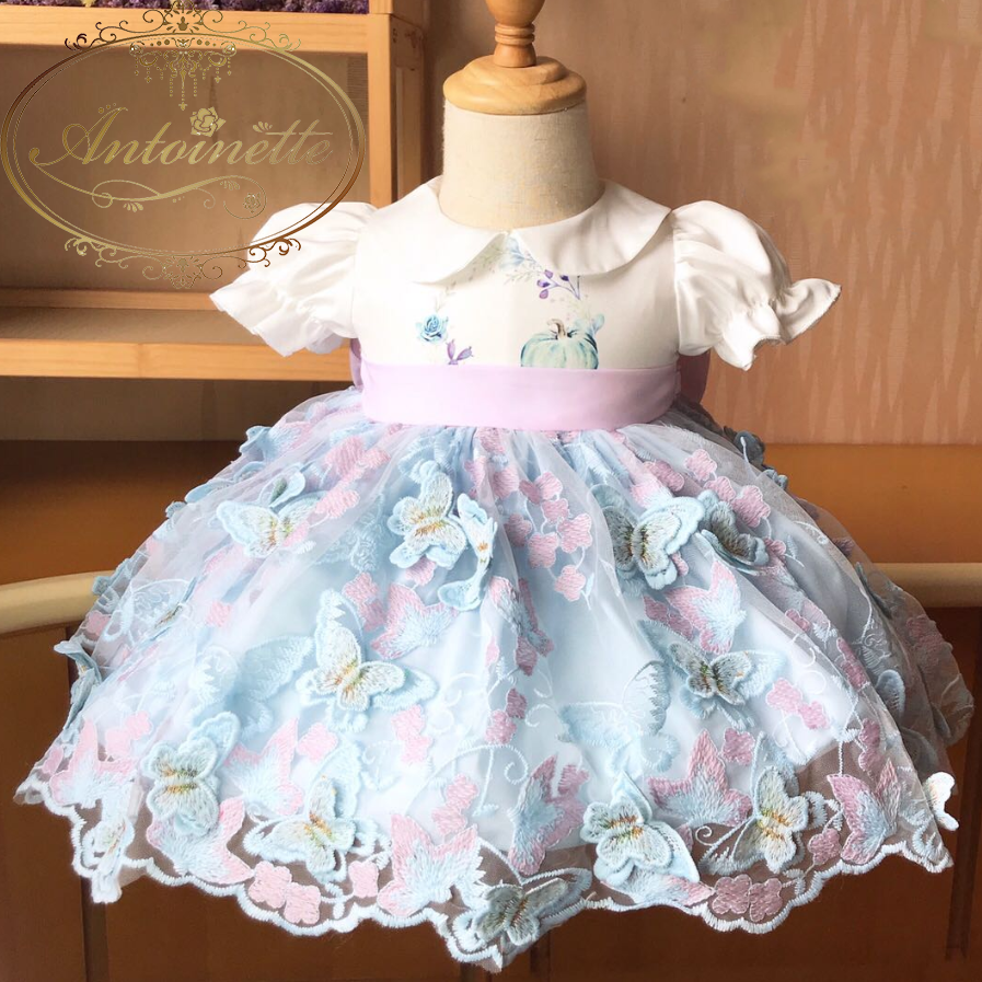 蝶々 スペイン ゆめかわ ワンピース 女の子 赤ちゃん ブルー フラワー ドレス Wedding Party Butterfly Girl Baby One Piece Dress Antoinette