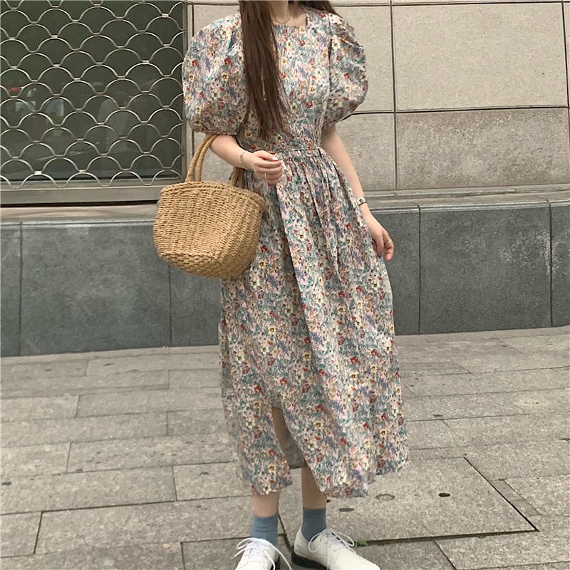 ワンピース ガーリー レトロ パフスリーブ おしゃれ ロング丈 花柄 Luluca