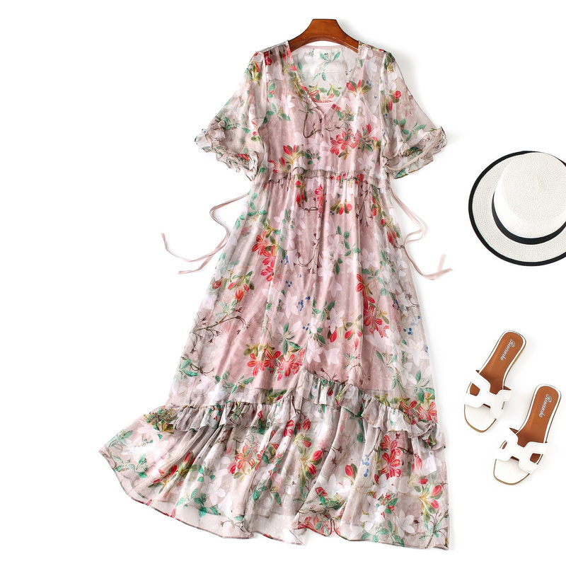 シルク100 高品質 シルクワンピース ドレス レディースファション Vネック 半袖 ロング丈 花柄 ゆったり エレガント 高品質 高級感ある 女子会 結婚式 普段着 M L Ll ピンク Elegant