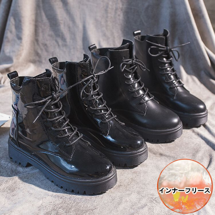 マーティンブーツ レースアップ インナーフリース 韓国ファッション レディース ブーツ 編み上げ レディースブーツ ラウンドトゥ High Top Martin Boots British Style Plus Velvet Value Rave Notice バリューレイヴノーティス 韓国ファッションやハワイアン