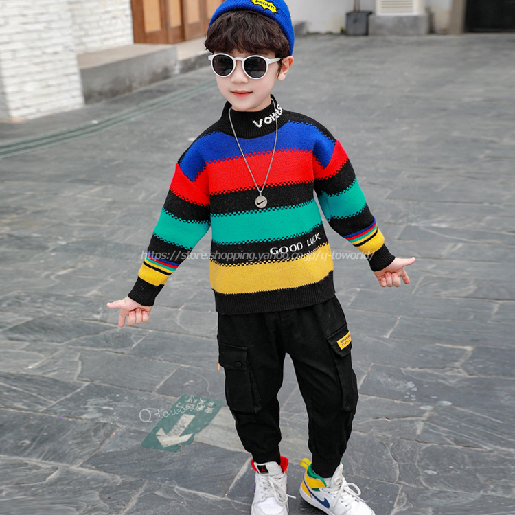 90 140 ニット トップス カラフル セーター レインボー ハイネック 男の子 韓国子供服 子供服 キッズ Q Toworld キュートワールド 子供服 メール便は何点でも送料の合計は280円
