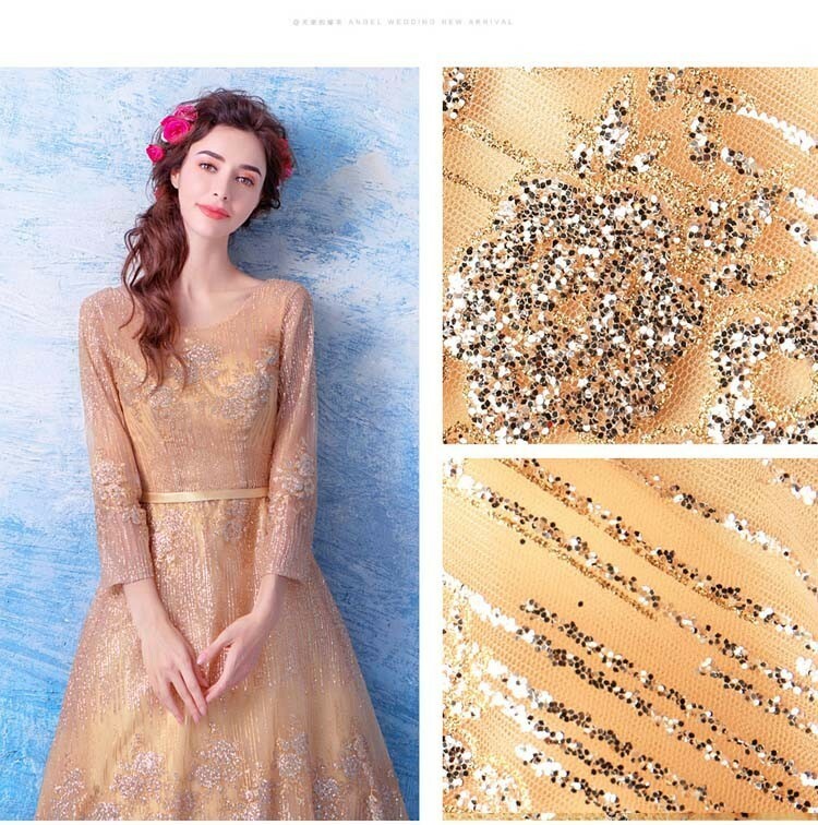 パーティードレス イブニングドレス 編み上げ 長袖 ワンピース 婚活 食事会 親族 披露宴 上品 優 ゴールド 代 30代 40代 50代 Elegant