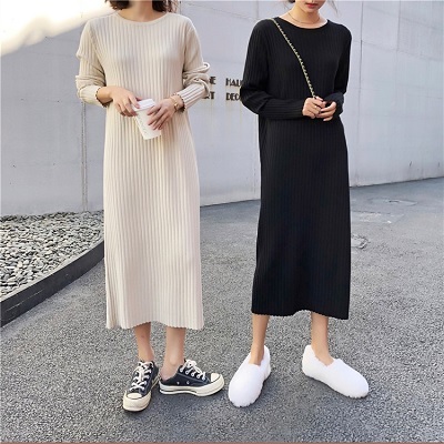 ワンピース ロングワンピース ニットワンピース リブ リブ編み ゆったり 体型カバー 長袖 ホワイト 白 ブラック 黒 カジュアル プチプラレディースファッション通販 Yboueki